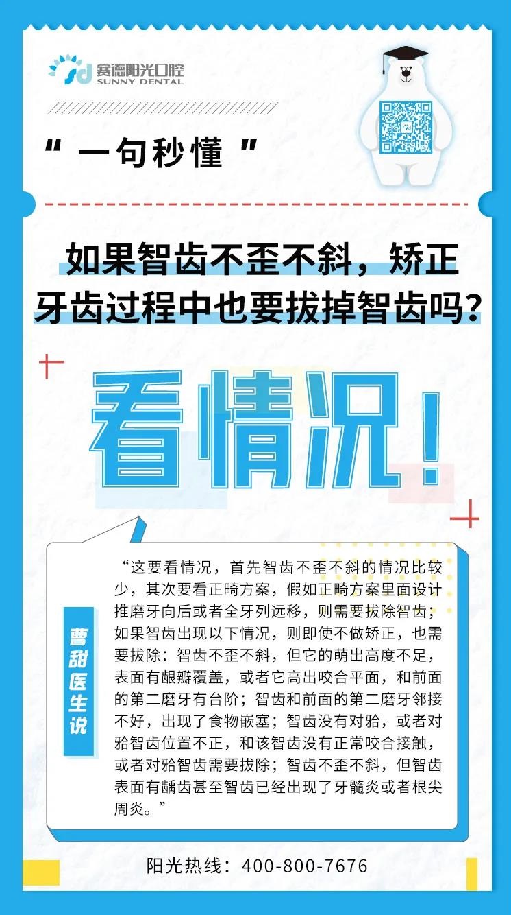 曹甜医生 | 如果智齿不歪不斜，矫正中也要拔掉吗？；【一句秒懂】智齿如果听话，矫正能不能留它一条“命”……